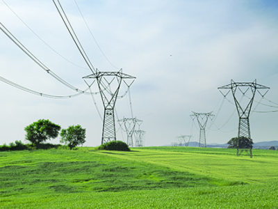 Power lines in lush green fields representing renewable energy being great for the environment