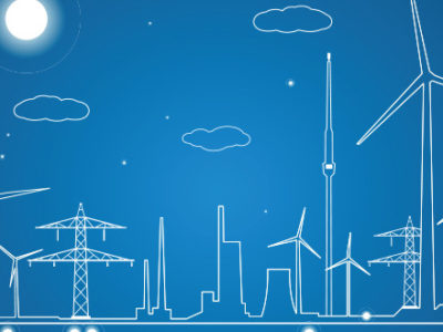 Drawing of a city and wind turbines