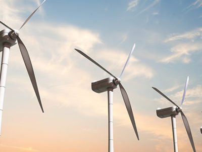 View of the top of wind turbines