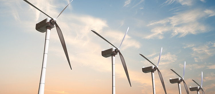 View of the top of wind turbines