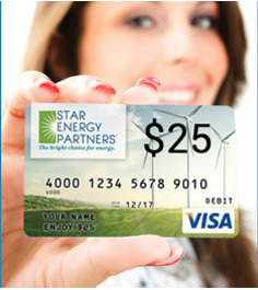 Woman Holding Up Her Star Energy Visa Card